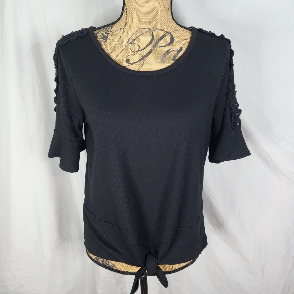 AGB Size Medium Black Wooden Bead Flared Sleeve Tie Front Casual Knit Blouse‎